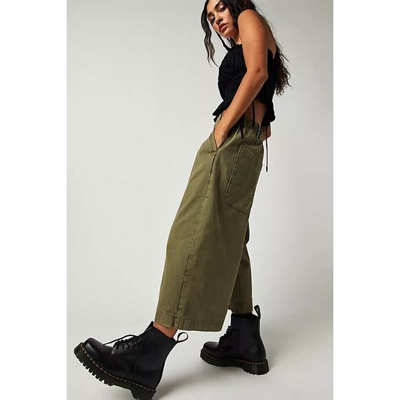 New Free People Hard Rain Gauchos WIDE-LEG CROPPED $128 SIZE 2 Moss ARMY - Picture 3 of 6